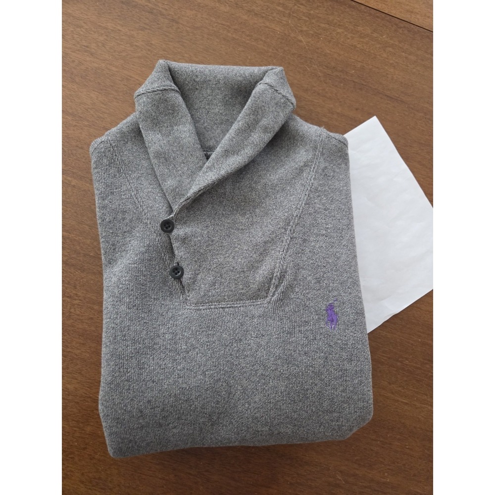 Polo Ralph Lauren Shawl Collar Pullover Sweater Men's Medium Gray W Purple Pony